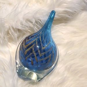 Rare Signed Mdina Malta lollipop glass vase gold and blue chevron pattern